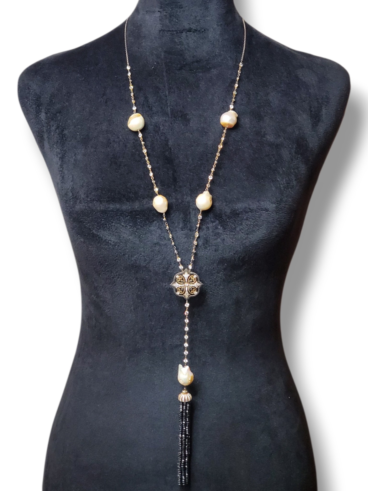 Baroque Pearl Byzantine Cross Gemstone Tassel Statement Necklace Sterling 925